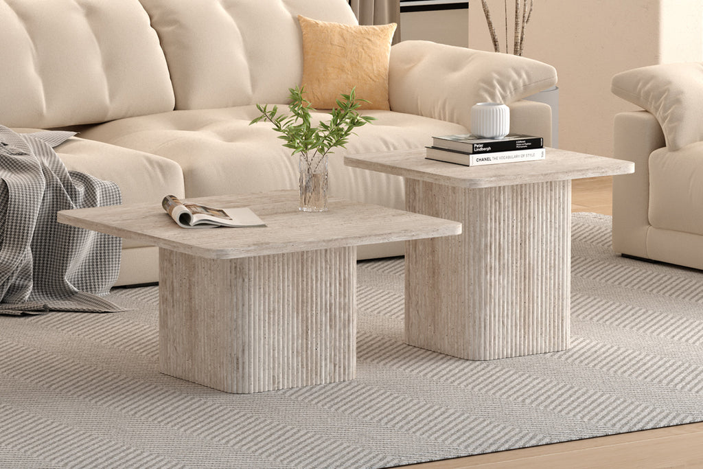 Set de 2 table basses Bobby – décor travertin beige