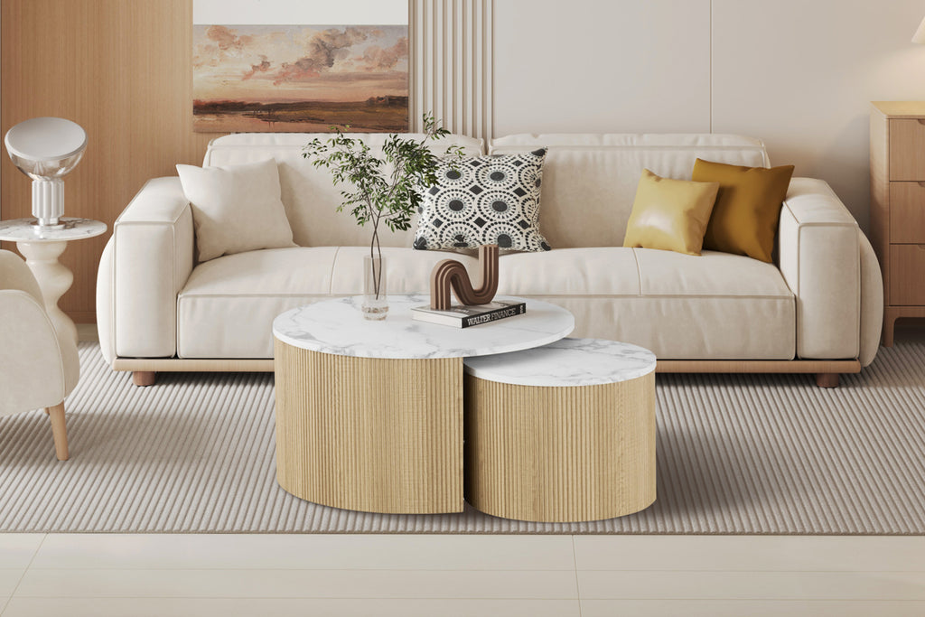 Set table basse Rowan – ronde décor marbre beige