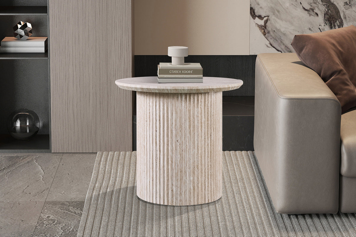 Table basse Lagos – ronde décor travertin beige – 50 cm