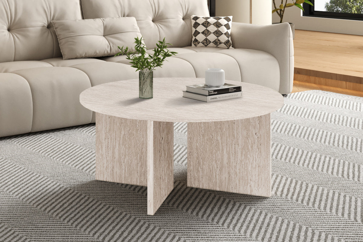 Table basse Drasir – ronde décor travertin beige