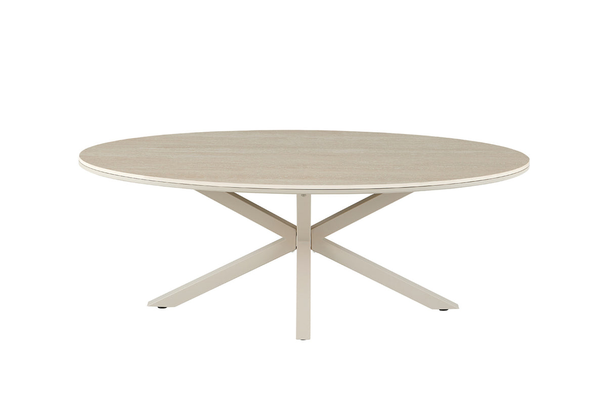 Table basse Noa – ovale baroque beige, pied gris – 130x70 cm