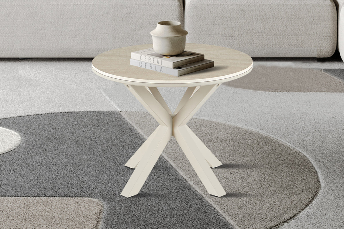 Table basse Noa – rond baroque beige, pied gris – 60 cm