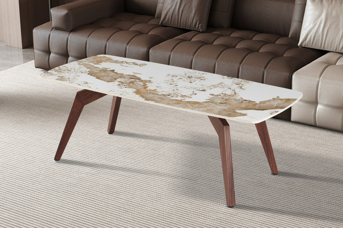 Table basse Alma – brillante pandora, pied noyer – 120x60 cm