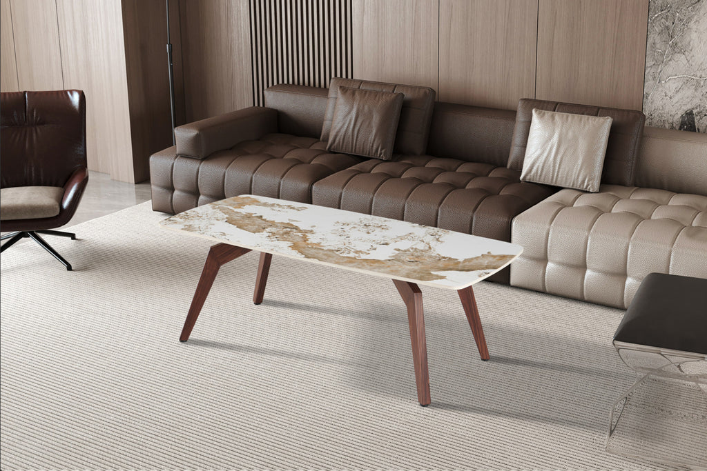 Table basse Alma – brillante pandora, pied noyer – 120x60 cm