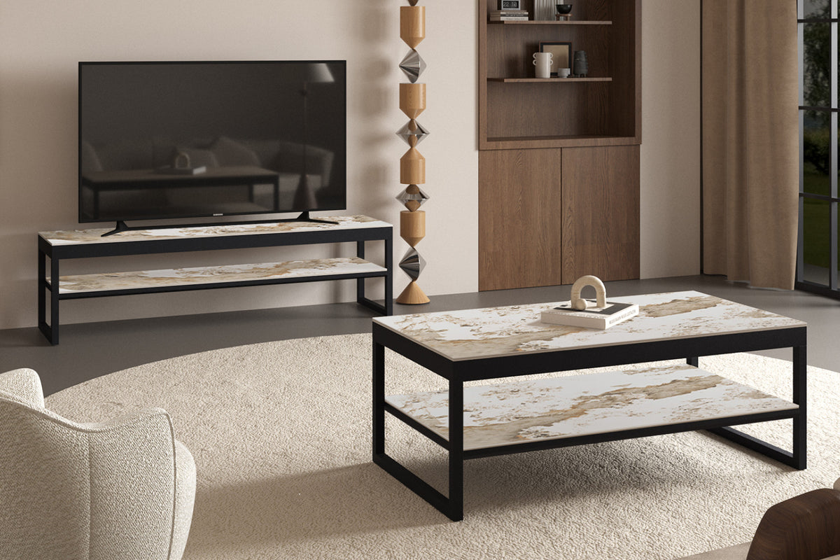 Table basse Axelle – plateau relevable pierre brillante pandora