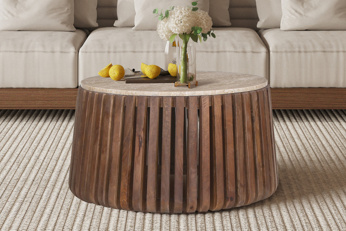 Table basse Luuk – bois de manguier avec travertin rond beige – 70 cm
