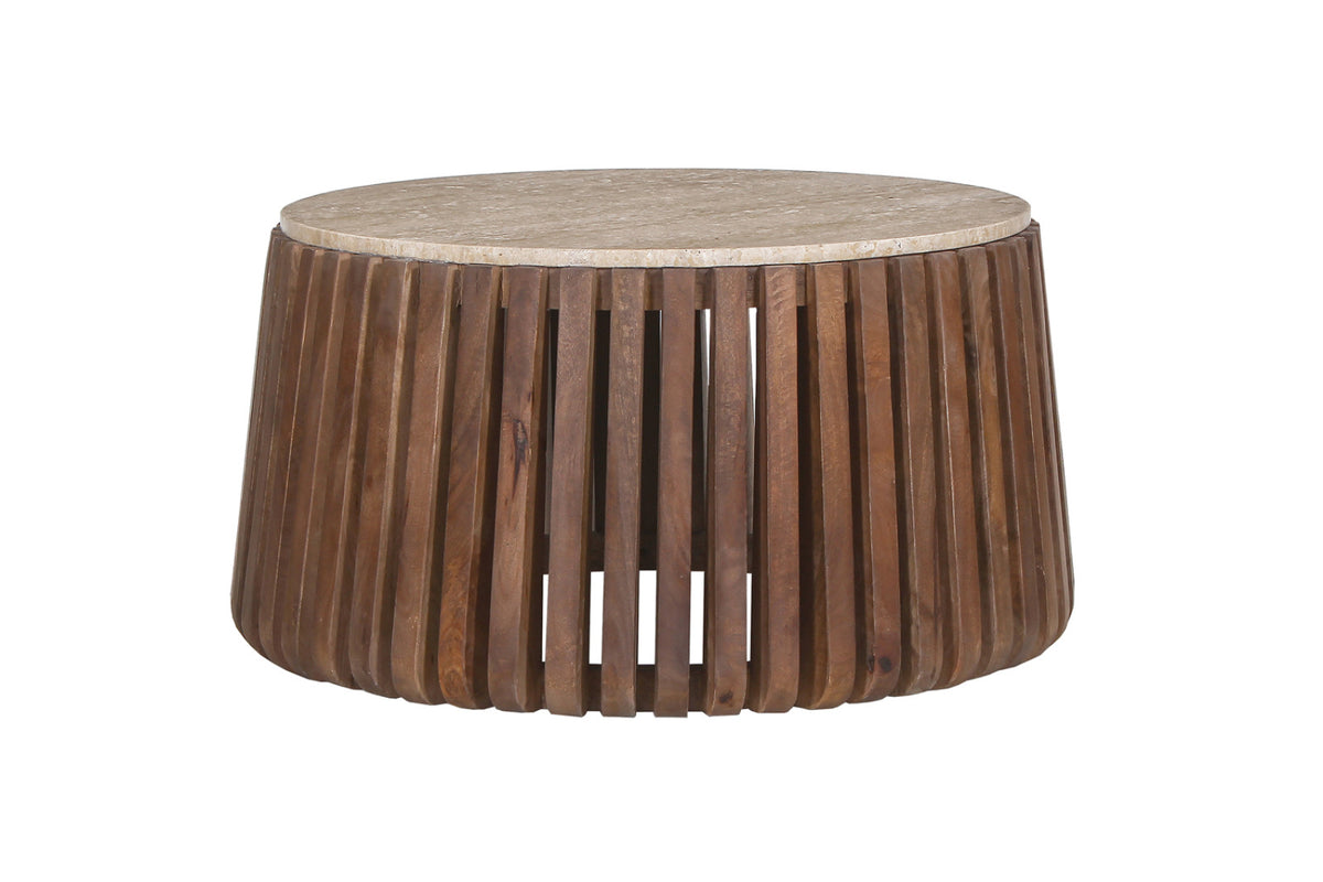 Table basse Luuk – bois de manguier avec travertin rond beige – 70 cm