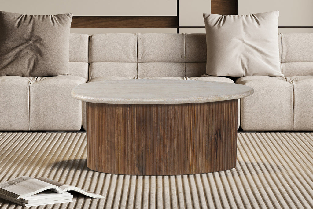 Table basse Louis – bois de manguier avec travertin beige – 90 cm
