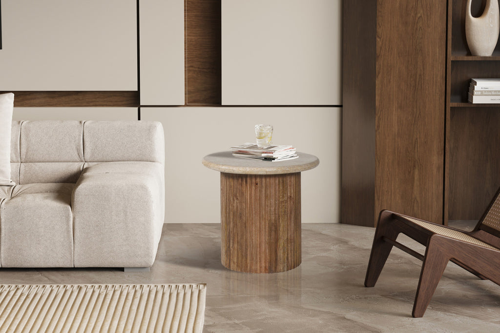 Table d Appoint  – louis' bois de manguier avec travertin beige – 50 cm