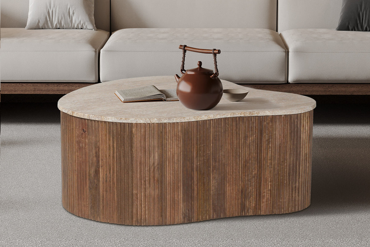 Table basse Paul – bois de manguier avec travertin beige – 83 cm