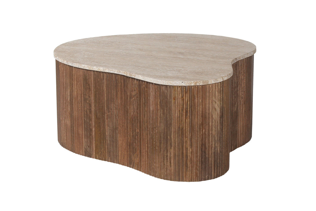 Table basse Paul – bois de manguier avec travertin beige – 83 cm
