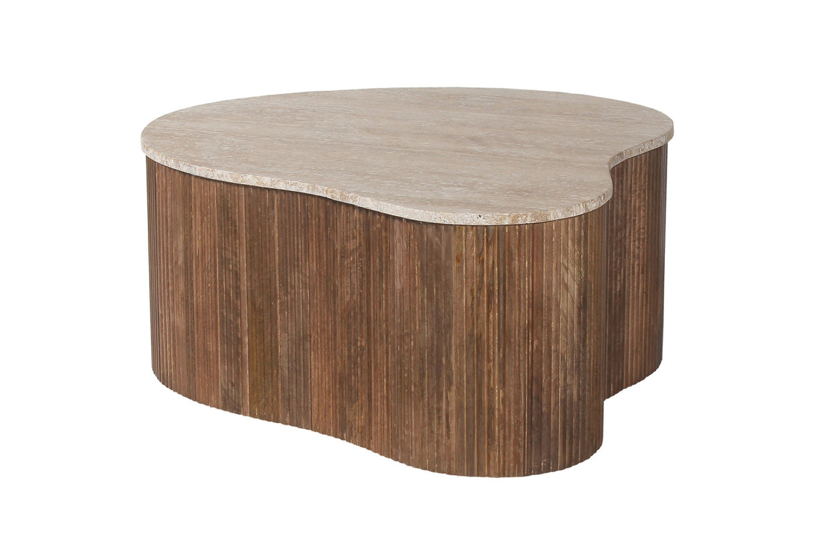 Table basse Paul – bois de manguier avec travertin beige – 83 cm