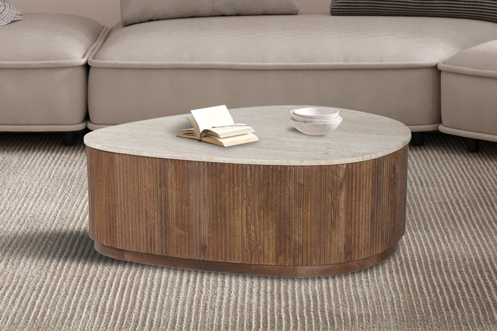 Table basse Nolan – bois de manguier avec travertin beige – 100 cm