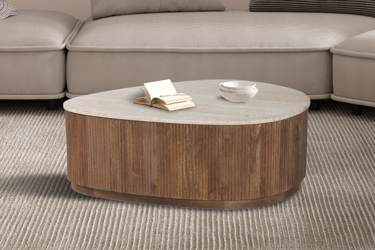 Table basse Nolan – bois de manguier avec travertin beige – 100 cm