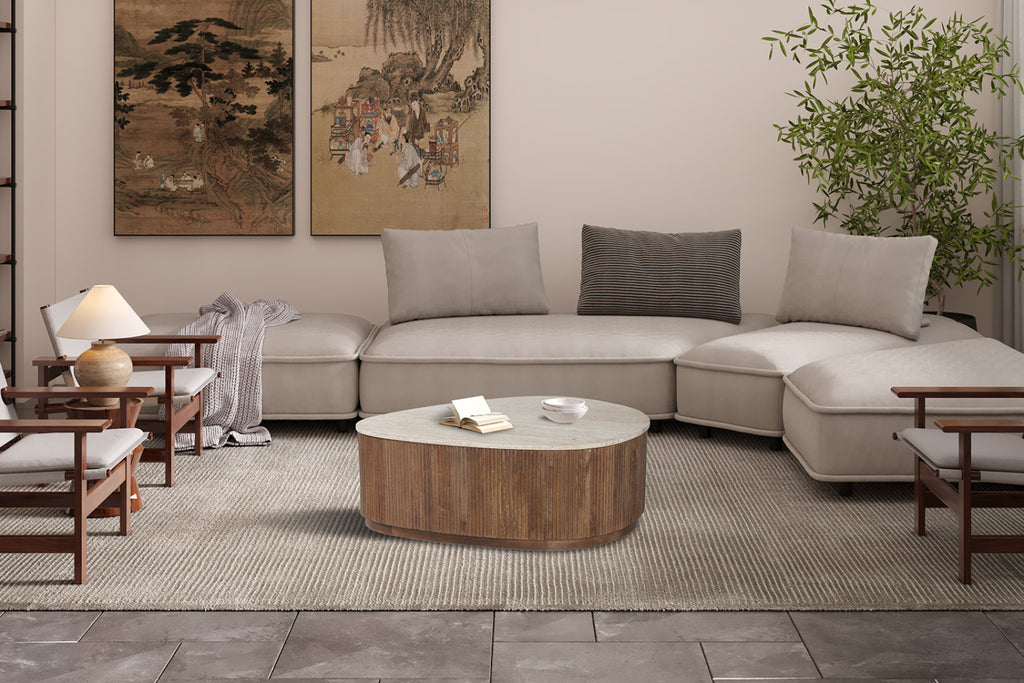 Table basse Nolan – bois de manguier avec travertin beige – 100 cm