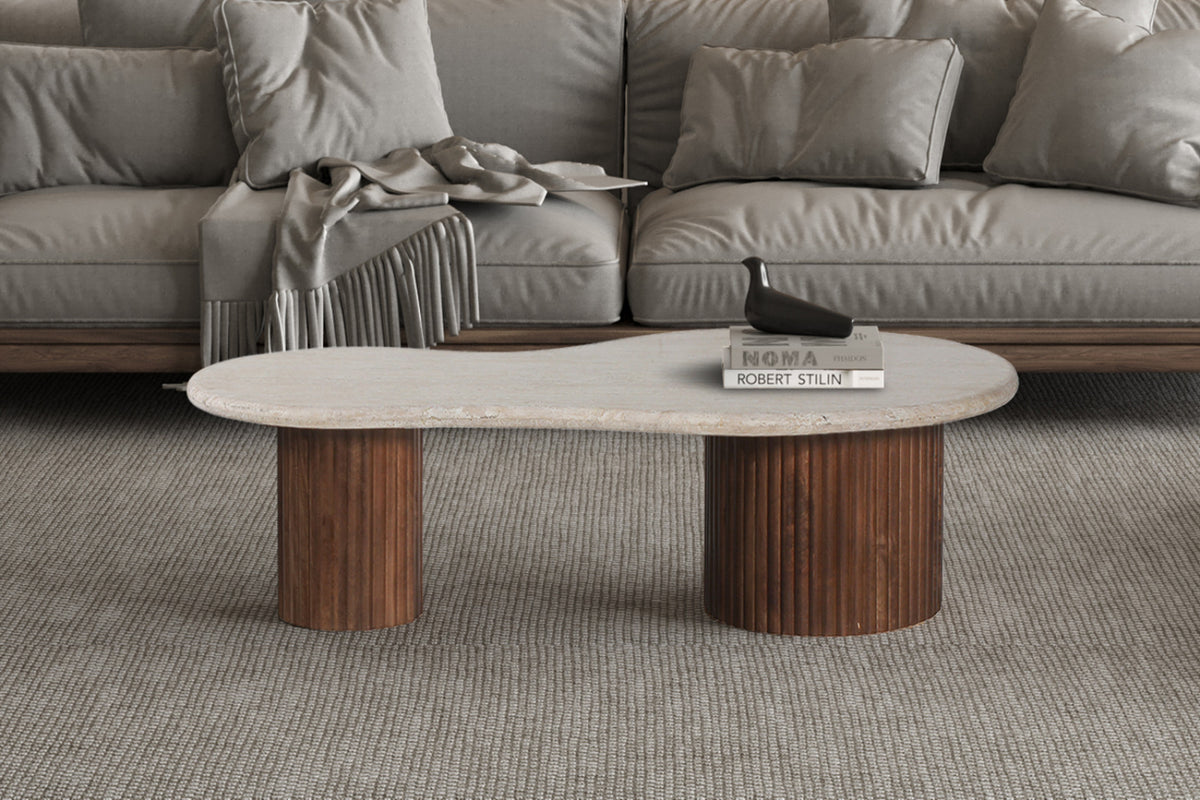Table basse Marlon – bois de manguier avec travertin beige – 120 cm