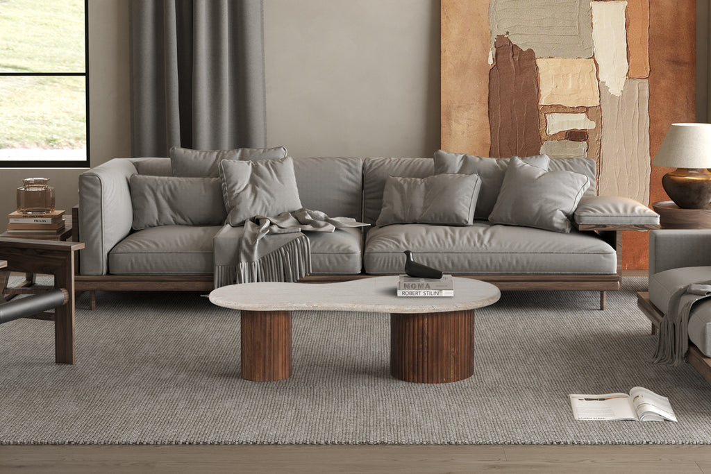 Table basse Marlon – bois de manguier avec travertin beige – 120 cm