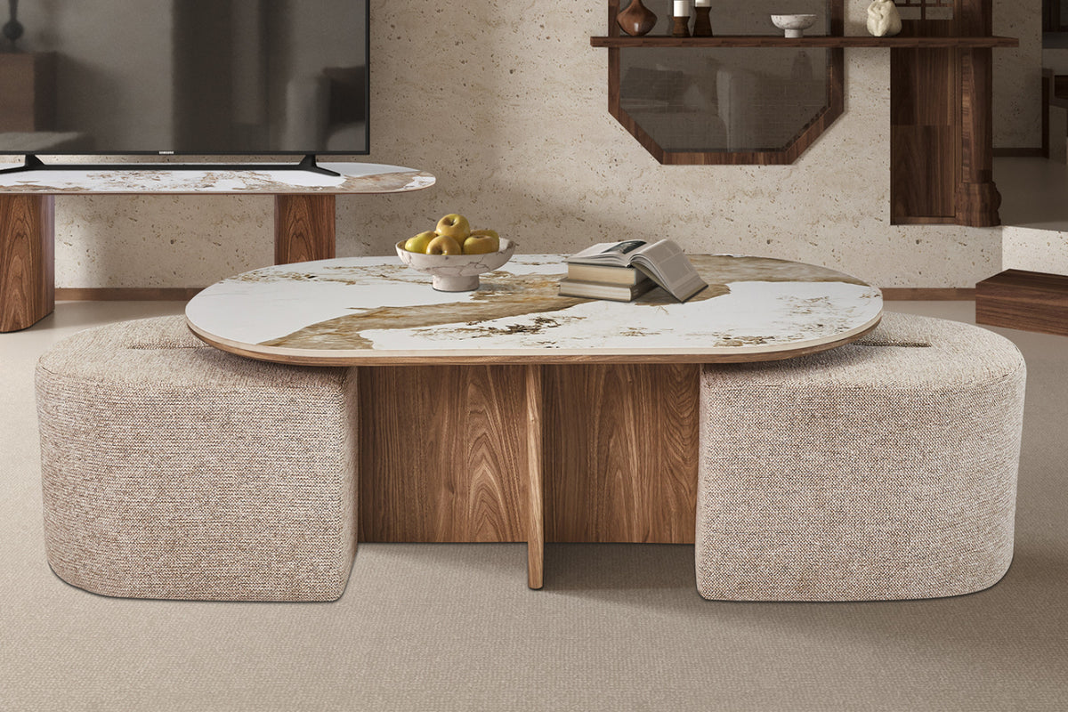 Table basse Evora – avec 2 poufs tissu pierre brillante pandora