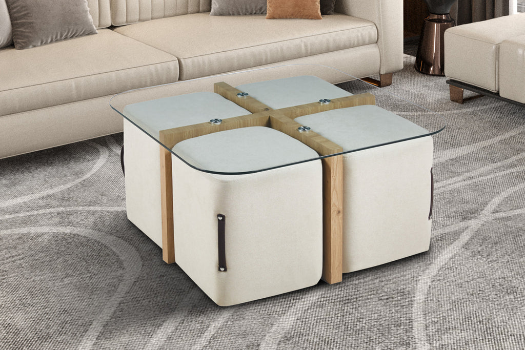 Table basse Shana – avec 4 poufs tissu décor chêne vieilli
