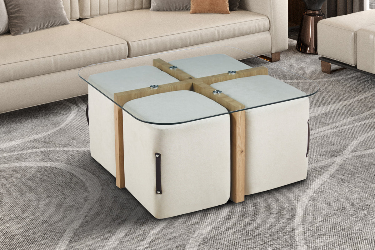 Table basse Shana – avec 4 poufs tissu décor chêne vieilli