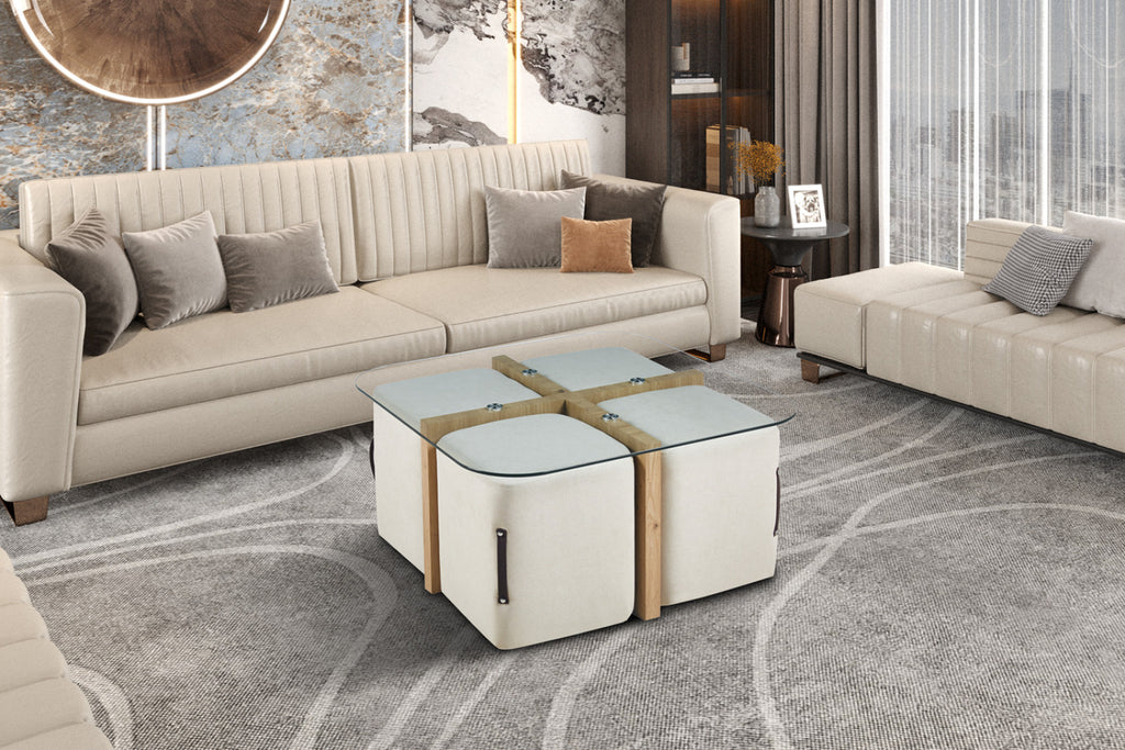 Table basse Shana – avec 4 poufs tissu décor chêne vieilli