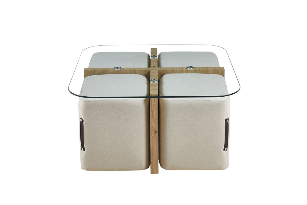 Table basse Shana – avec 4 poufs tissu décor chêne vieilli