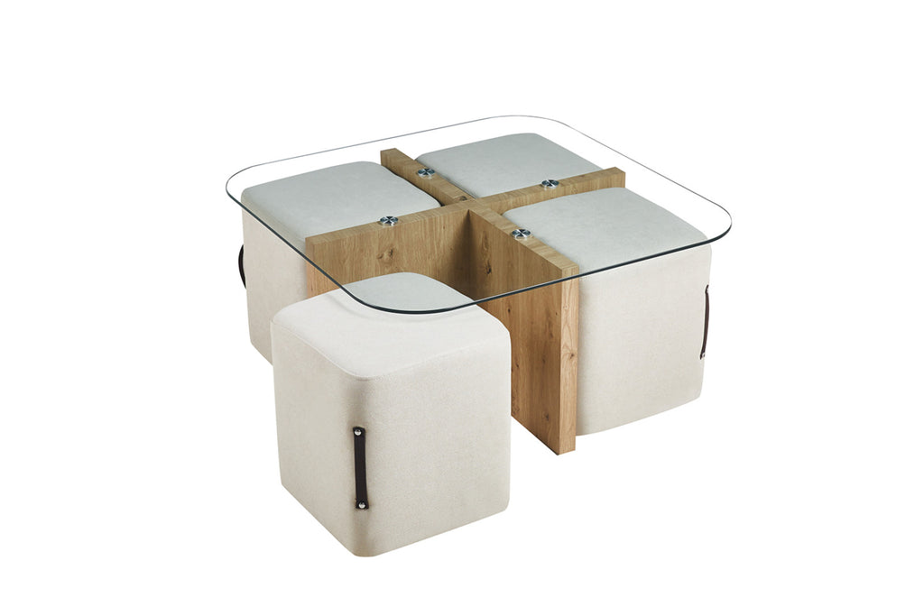 Table basse Shana – avec 4 poufs tissu décor chêne vieilli