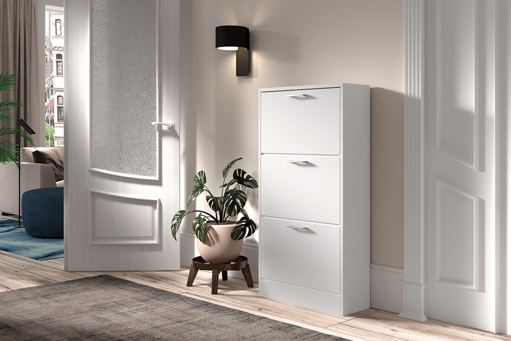 Meuble à chaussures Carini – Blanc – 3 tiroirs – 63 × 120 cm