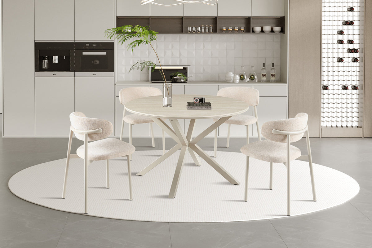Table Noa – rond baroque beige, pied gris – 120 cm
