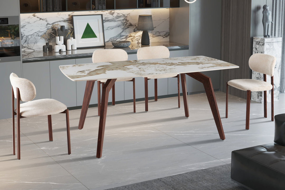 Table Alma – pierre brillante pandora, pied noyer – 180x90 cm