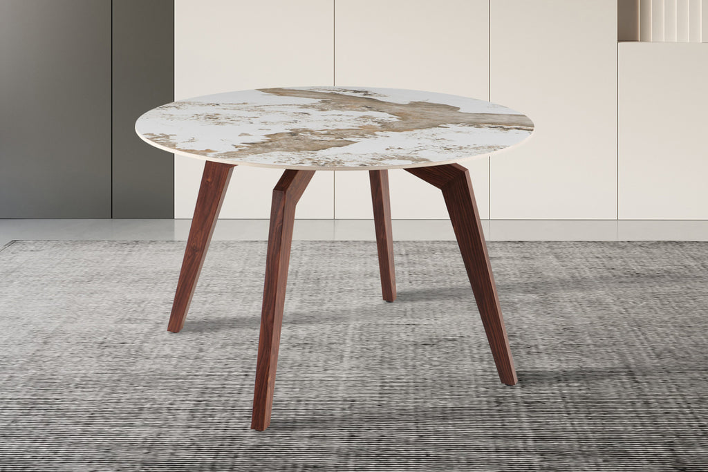 Table Alma – rond pierre brillante pandora, pied noyer – 120 cm