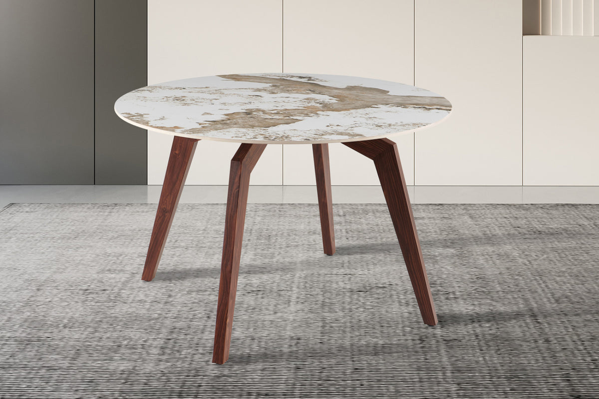 Table Alma – rond pierre brillante pandora, pied noyer – 120 cm