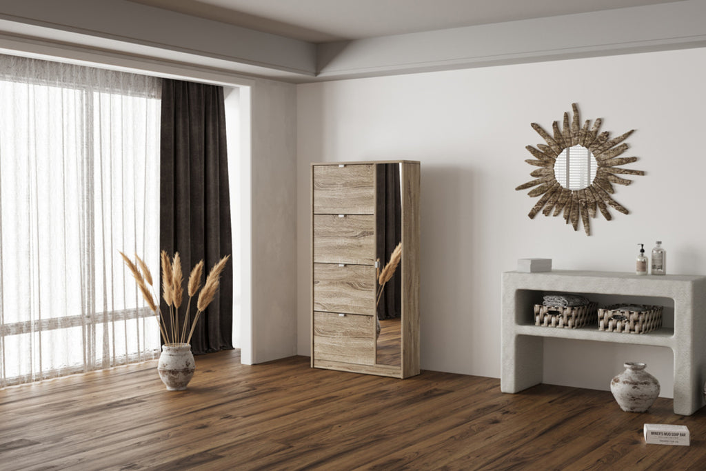 Meuble à chaussures Marcel – 4 tiroirs et 1 porte miroir décor sonoma