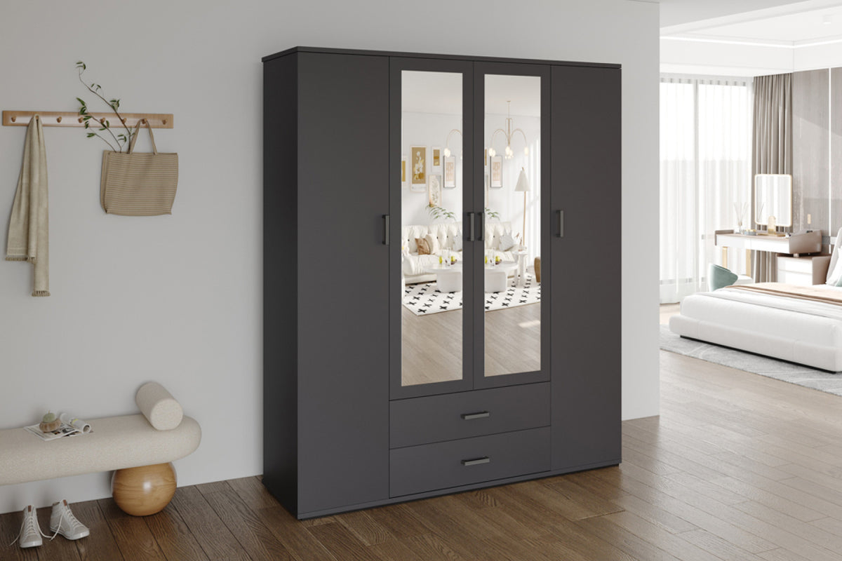 Armoire Marc – 4 portes avec 2 miroirs gris foncé