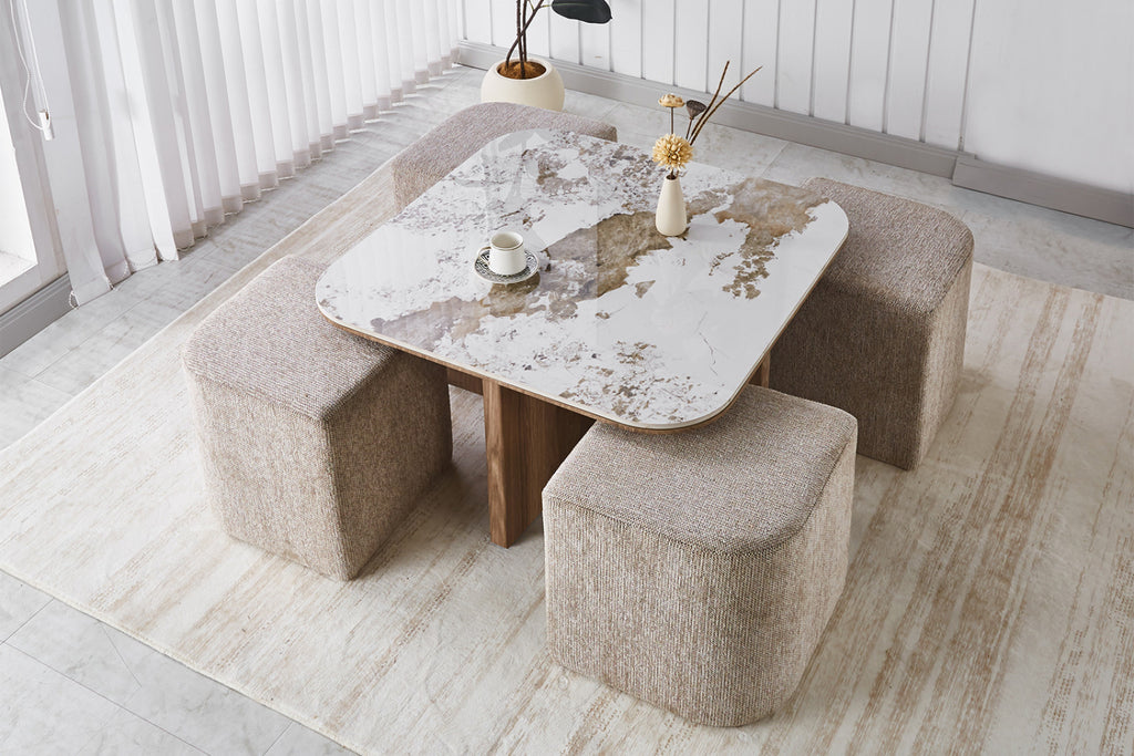 Table basse Evora – avec 4 poufs tissu pierre brillante pandora