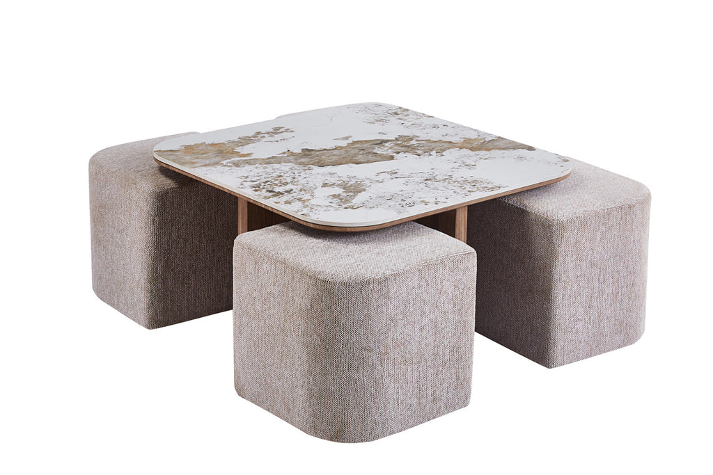 Table basse Evora – avec 4 poufs tissu pierre brillante pandora