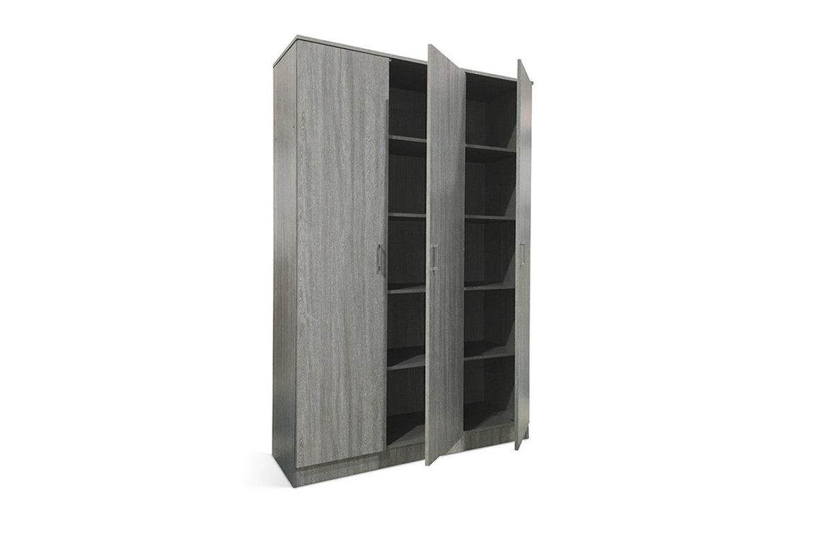 Armoire de rangement Ray – 3 portes et 4 étagères chêne gris